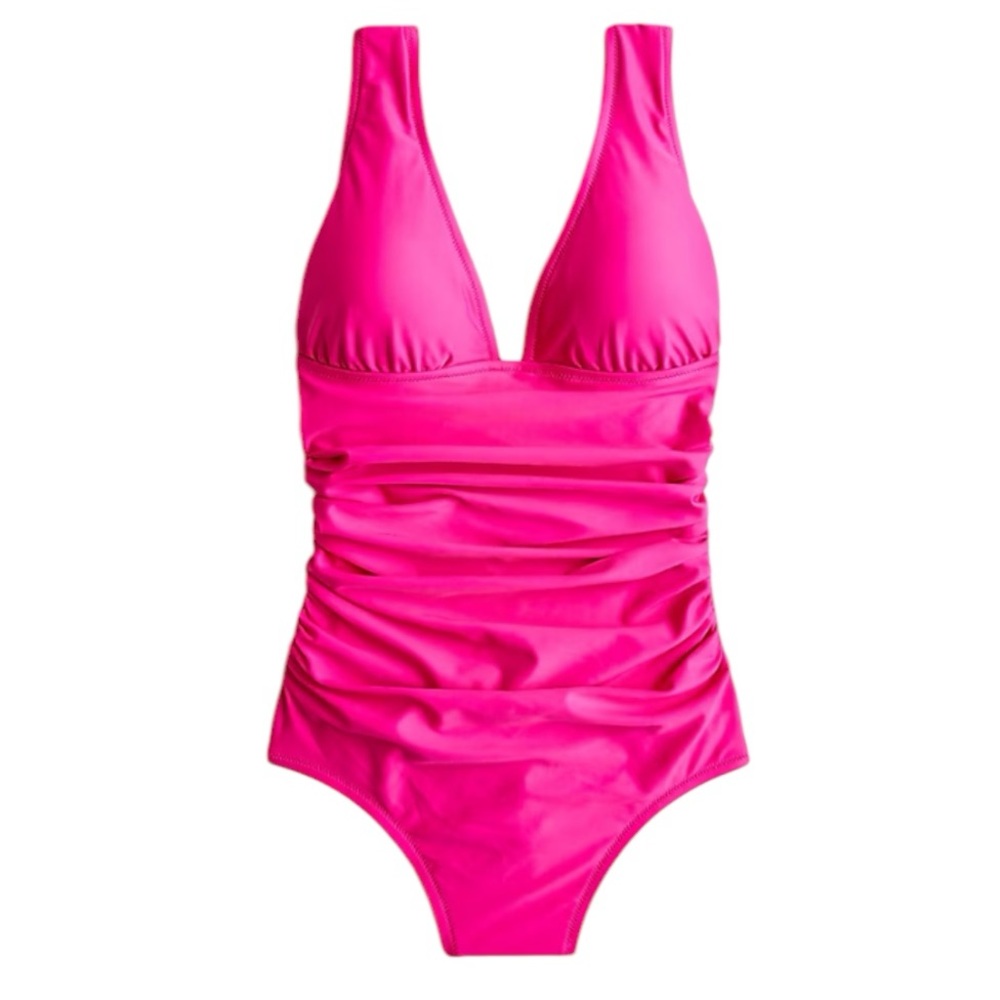 J. Crew Ruched V Neck One Piece Swimsuit Radiant Fuchsia Pink 12 New with Tag